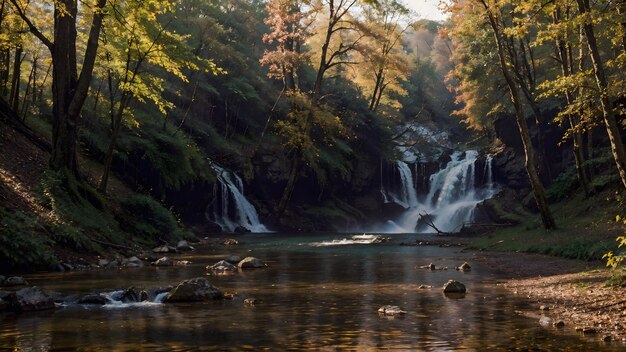 Cachoeira na floresta de outono Papel de parede de fundo de paisagem de rio de montanha