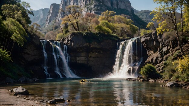 Cachoeira na floresta de outono Papel de parede de fundo de paisagem de rio de montanha