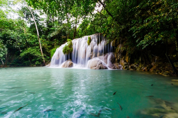 Cachoeira na floresta tropical no parque nacional de Erawan, província de Kanchanaburi, Tailândia