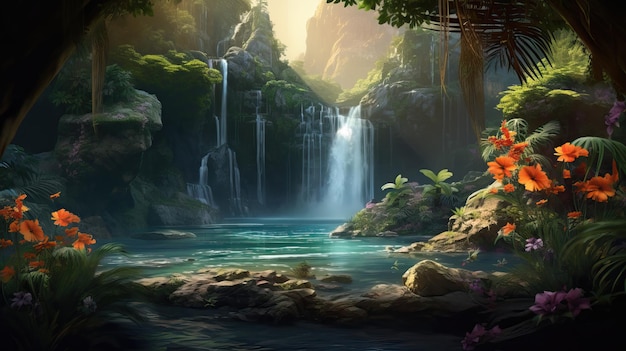 Cachoeira na selva cachoeira e lago na floresta tropical fundo de jogo de pintura digital