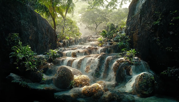 Cachoeira na selva com córregos de vegetação de água branca e trepadeiras