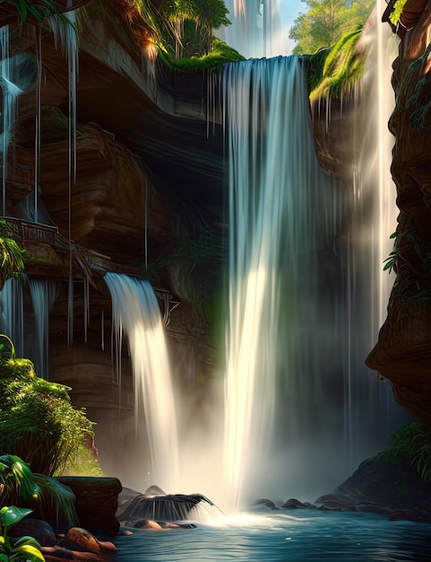 Foto cachoeira na selva com uma cachoeira fluindo por ela