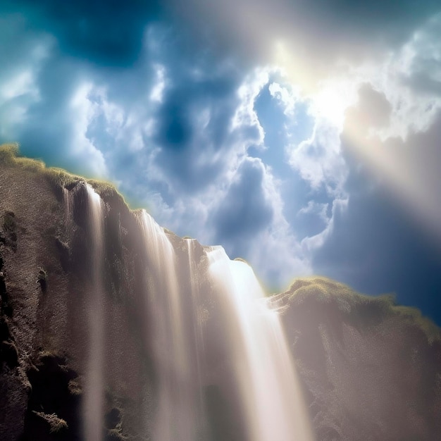 Foto cachoeira no céu com o sol brilhando por entre as nuvens