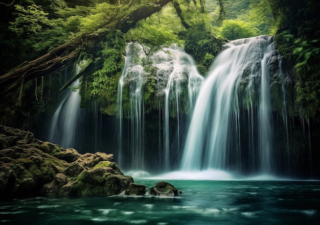 Cachoeira no meio de uma floresta com uma grande pedra no meio generativo ai