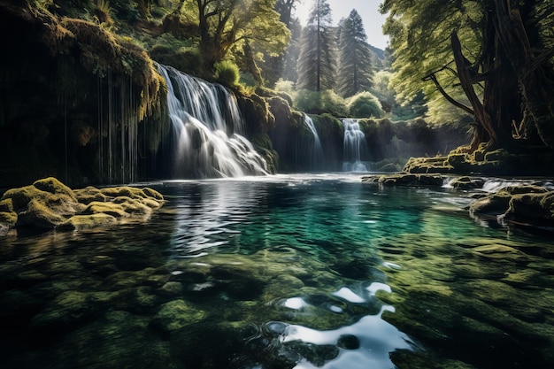 Cachoeira serena caindo em cascata em uma piscina cristalina IA generativa