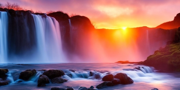 Cachoeira serena fluindo ao pôr do sol criando uma vista pitoresca