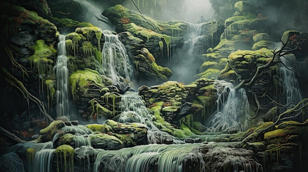 Cachoeira ultradetalhada caindo em cascata sobre rochas cobertas de musgo