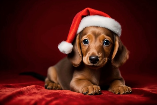 cachorrinho bassê com um chapéu de Papai Noel sobre fundo claro