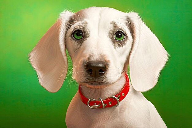 Cachorrinho branco dachshund com coleira vermelha na ilustração generativa de fundo verde ai