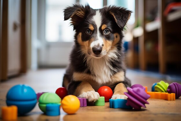 Cachorrinho brincalhão com brinquedos coloridos para mastigar Generative Ai