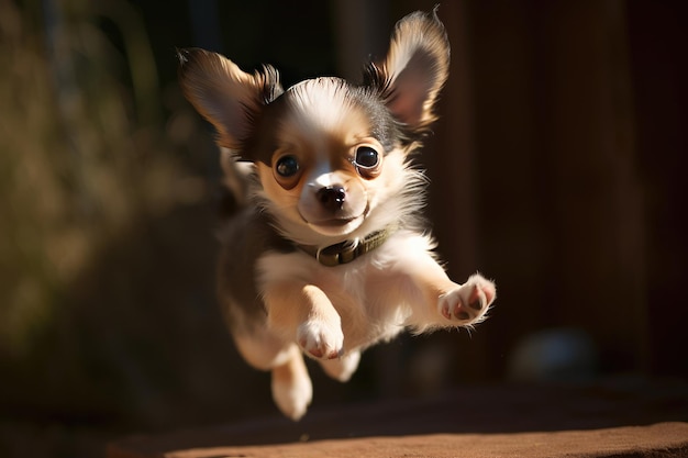 Cachorrinho Chihuahua fofo voa no ar durante um salto lúdico extrema closeup IA generativa