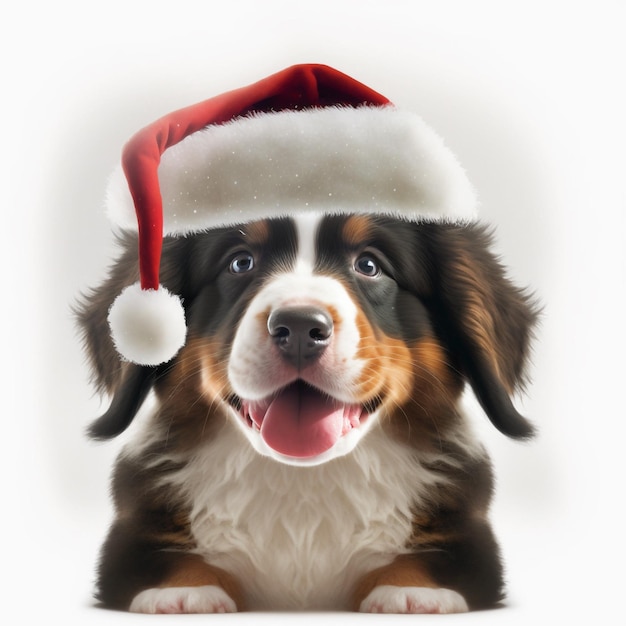 Cachorrinho com chapéu de natal em fundo branco Generative AI technology