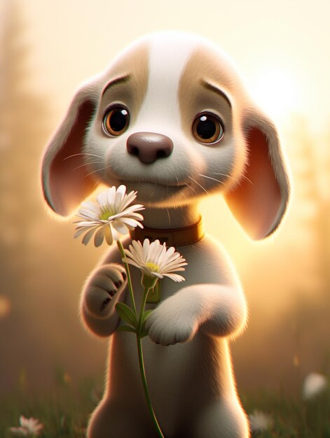 Foto cachorrinho com uma flor na boca generativo ai