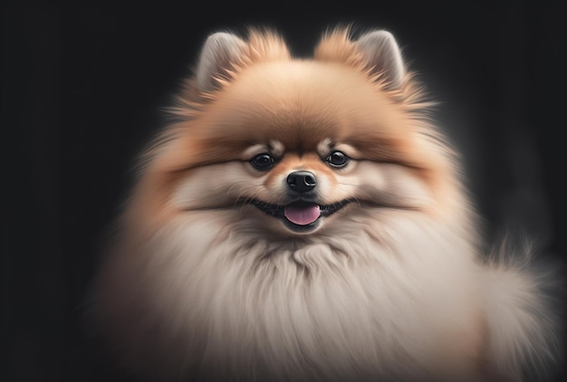 Cachorrinho da Pomerânia descansando e sorrindo em um retrato isolado em um fundo cinza