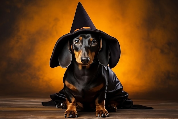 Cachorrinho Dachshund vestido com fantasia engraçada de Halloween de bruxa