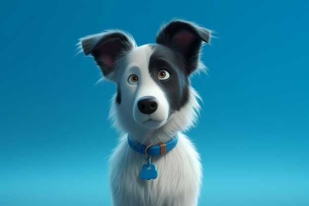 Cachorrinho engraçado cão border collie sentado na renderização 3d de fundo azul