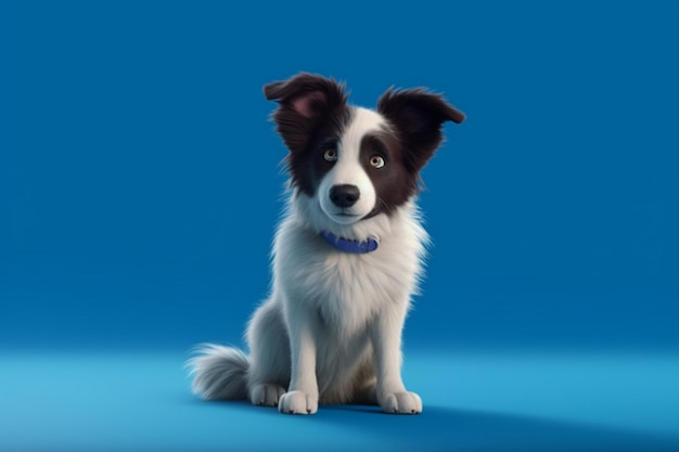 Cachorrinho engraçado cão border collie sentado na renderização 3d de fundo azul