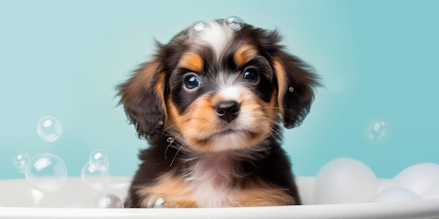 Foto cachorrinho fofo bebê na banheira com espuma de xampu cachorro feliz toma banho gerar ai