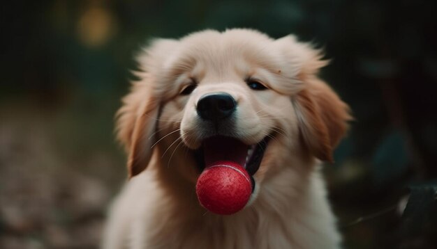 Foto cachorrinho fofo brincando com a língua de brinquedo para fora curtindo a ia geradora de beleza da natureza