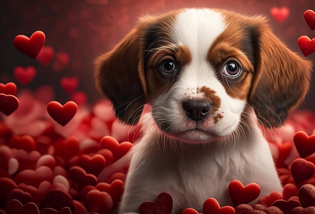 Cachorrinho fofo com corações de amor Conceito de dia dos namorados Generative ai