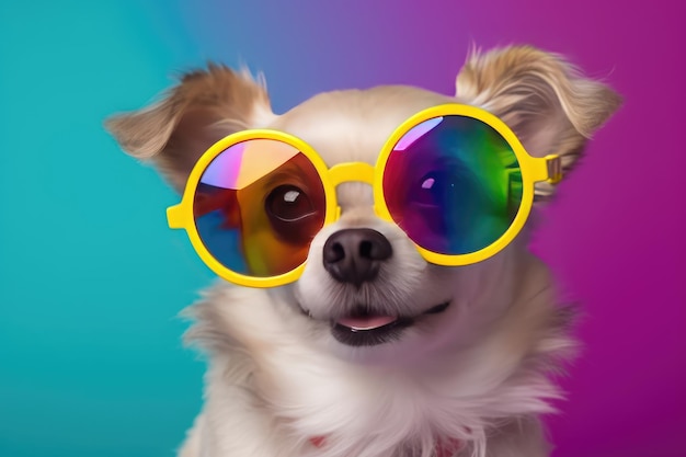 Cachorrinho fofo com óculos de sol coloridos simbolizando a IA generativa LGBTQ