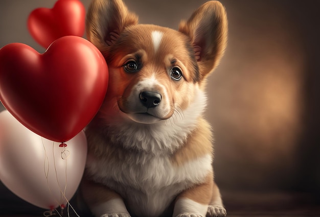 Cachorrinho fofo com um balão de coração de amor Conceito de dia dos namorados Generative ai