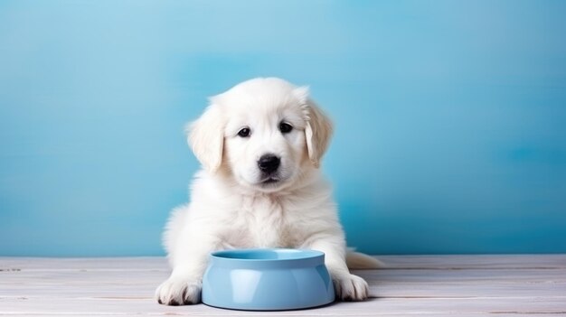 Cachorrinho fofo contemplando tigela de comidaxA