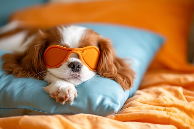 Cachorrinho fofo dormindo na cama e usando máscara de dormir laranja