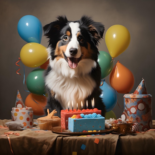 Foto cachorrinho fofo e bolo de aniversário gerado por ia