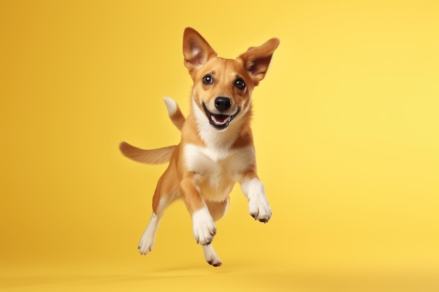 cachorrinho fofo e feliz pulando em fundo amarelo gerado por IA