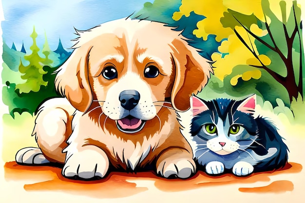 Cachorrinho fofo e gatinho ao ar livre juntos Ilustração de IA generativa de estilo de pintura em aquarela