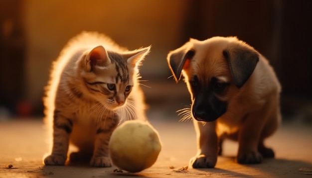 Cachorrinho fofo e gatinho brincando com brinquedos ao ar livre gerados por IA