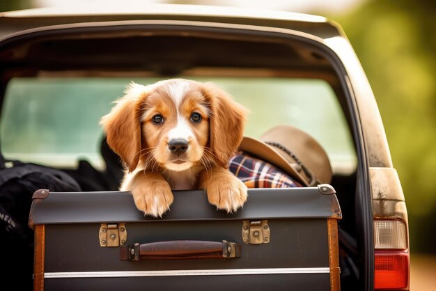 Cachorrinho fofo espiando do carro entre as malas geradas por IA