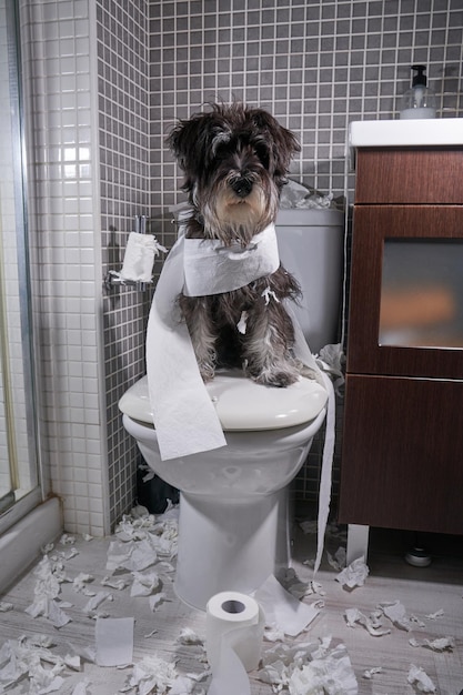 Cachorrinho fofo sentado no vaso sanitário e olhando para a câmera com papel higiênico enrolado e pedaços espalhados no chão