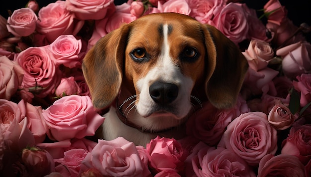 Cachorrinho fofo sentado olhando para um buquê de flores com amor gerado por inteligência artificial