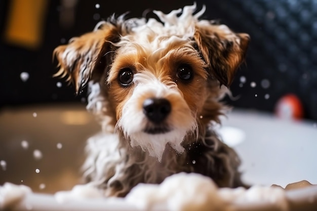 Cachorrinho fofo toma banho com espuma na cabeça O conceito de pet care