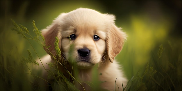 Cachorrinho na grama com um fundo generativo ai