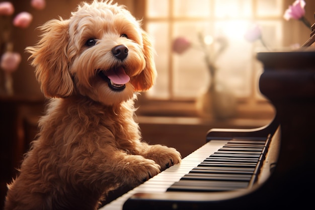 Foto cachorrinho prodígio musical fofo tocando piano iluminado pela janela