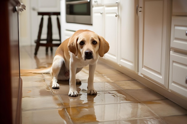 Cachorrinho triste olhando culpado para seu dono porque ele fez xixi na cozinha