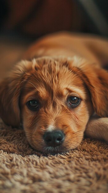 cachorro acostado en una alfombra marrón con los ojos bien abiertos