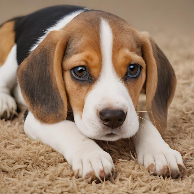 un cachorro acostado en una alfombra con un parche blanco en la cara