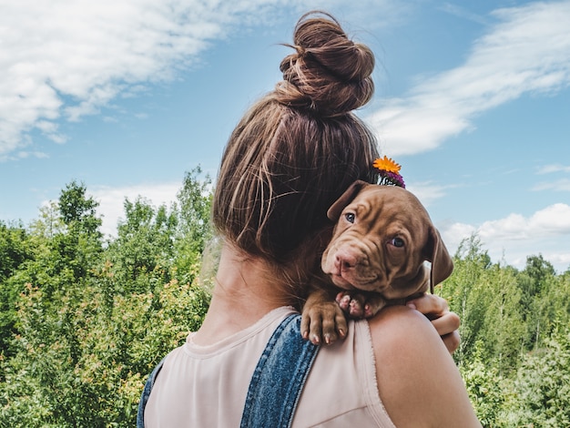 Foto cachorro, acostado en el hombro de una mujer