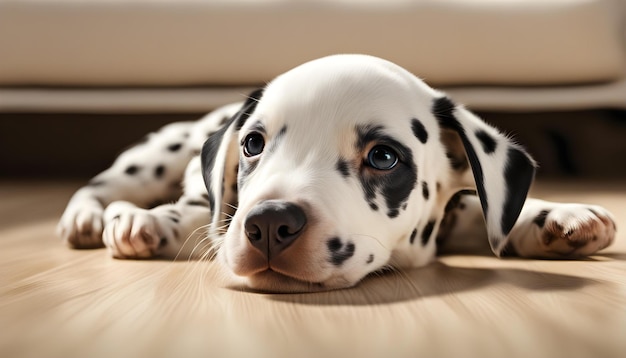 Foto un cachorro está acostado en un piso de madera con manchas en su cara