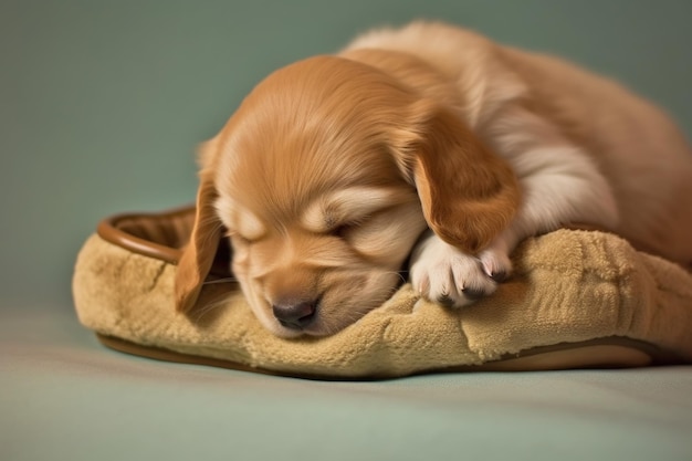 Un cachorro adorable durmiendo después de masticar una zapatilla