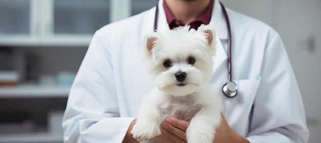 Foto un cachorro adorable en las manos de un médico veterinario en la clínica veterinaria copia el espacio para el texto