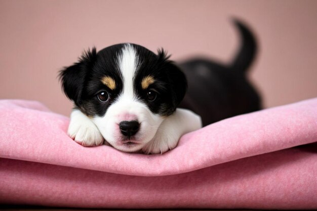 Un cachorro adorable tendido en el edredón