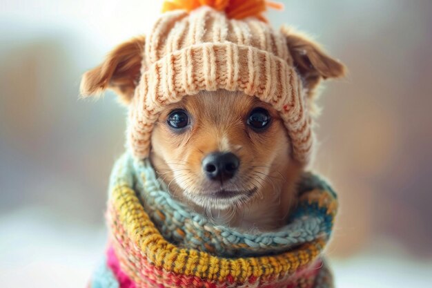 Un cachorro adorable vestido con un sombrero de punto y una bufanda de rayas coloridas