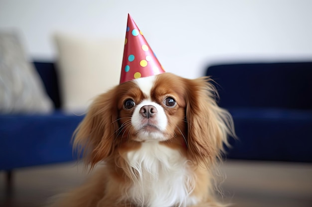 Cachorro adorável e feliz com um chapéu de aniversário comemorando uma festa Generative AI