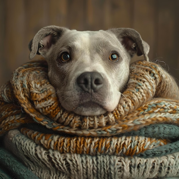 Foto cachorro adorável enrolado em cachecóis de malha aconchegantes sorrindo para a câmera, perfeito para sentimentos calorosos ai