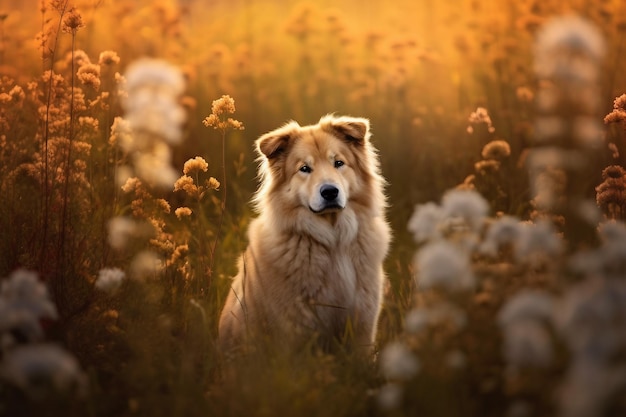 Cachorro Afador sentado em um campo cercado por flores silvestres vibrantes e grama em um dia ensolarado gerado por IA